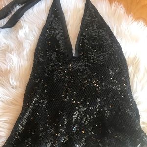 Laundry Black sequin/silk chiffon halter top XS